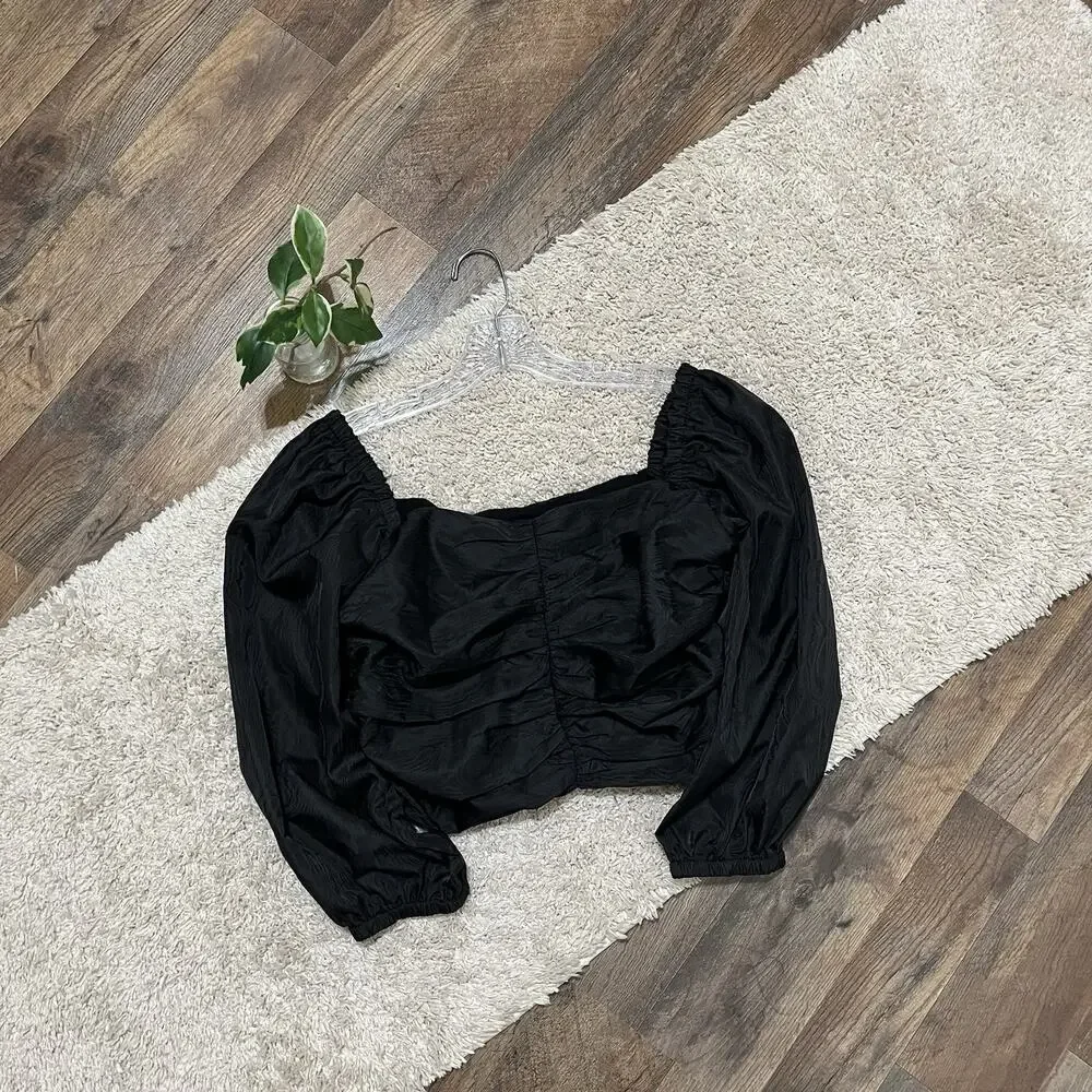 J.crew Size 4 Black On Off Shoulder Puff Sleeve Ruched Cropped Feminine Blouse